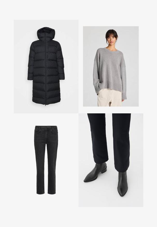 Abrigo de plumas negro con capucha, con un corte recto, patrón de acolchado horizontal y cierre de cremallera frontal. Tela suave y ligera.; Suéter gris de punto con un ajuste relajado, cuello redondo, puños y dobladillo acanalados. Textura suave con un sutil patrón de tejido. Combinado con pantalones claros.; Jeans negros de pierna recta con botones frontales, trabillas y bolsillos delanteros y traseros, exhibidos sobre un fondo blanco.; Botas negras de cuero hasta el tobillo con punta afilada, tacón cuadrado y paneles laterales texturizados, combinadas con pantalones oscuros contra un fondo blanco.