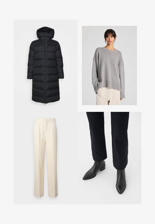Black puffer coat with a hood, featuring a straight cut, horizontal quilted pattern, and a front zip closure. Smooth, lightweight fabric.; Grey knitted sweater with a relaxed fit, round neckline, ribbed cuffs, and hem. Soft texture with a subtle knit pattern. Paired with light trousers.; Tailored cream-colored trousers with a straight leg, featuring front pleats and a smooth finish. The waistband is flat and without embellishments.; Black leather ankle boots with a pointed toe, block heel, and textured side panels, worn with dark pants against a white background.