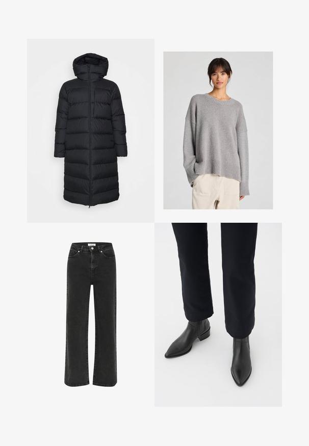 Črna puhovka s kapuco, s pravim krojem, vodoravnim prešitim vzorcem in sprednjim zadrgo. Gladek, lahek material.; Sivkasti pleten pulover z ohlapnim krojem, okroglim izrezom, rebrastimi manšetami in robom. Mehka tekstura z diskretnim pletenim vzorcem. Ujemamo z neobdelanimi hlačami.; Črne široke jeans hlače iz denima, z visokim pasom, sprednjimi žepi in zadrgo ter gumbom za zapiranje. Na tkanini je subtilno zbledela obraba.; Črne usnjene gležnjarje s koničastim nosom, blokastim petami in strukturiranimi stranskimi paneli, oblečene z temnimi hlačami proti beli podlagi.