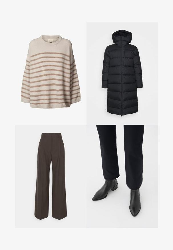 Juodas pūkinis paltas su kapišonu, tiesios kirpimo, horizontaliai siuvinėtu raštu ir priekiniais užtrauktukais. Lygi, lengva medžiaga.; Šviesiai beige megztinis su plačiomis, horizontaliomis rudos spalvos juostomis. Turi apvalų iškirpimą ir nuleistus petį. Minkšta tekstūra su raukšlėtu apvadu.; Tamsiai rudos platėjančios kelnės su aukštu liemeniu, pasižyminčios tvarkingai prispaustomis raukšlėmis, lygia tekstūra ir pritaikytu siluetu.; Juodos odinės kulkšninių botai su smailiu priekiu, blokiniu kulnu ir tekstūruotais šonais, dėvimi su tamsiomis kelnėmis prieš baltą foną.