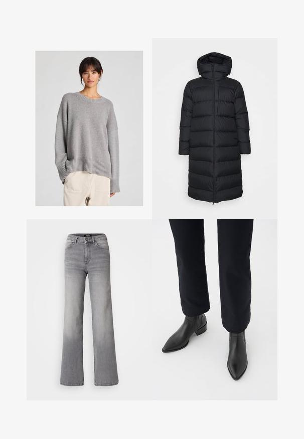 Črna puhovka s kapuco, s pravim krojem, vodoravnim prešitim vzorcem in sprednjim zadrgo. Gladek, lahek material.; Sivkasti pleten pulover z ohlapnim krojem, okroglim izrezom, rebrastimi manšetami in robom. Mehka tekstura z diskretnim pletenim vzorcem. Ujemamo z neobdelanimi hlačami.; Visoko pasu naravnost krojene sivo denim hlače z gumbom in zadrgo spredaj, sprednjimi in zadnjimi žepe ter zbledelim odtenkom na stegen in tele. ; Črne usnjene gležnjarje s koničastim nosom, blokastim petami in strukturiranimi stranskimi paneli, oblečene z temnimi hlačami proti beli podlagi.