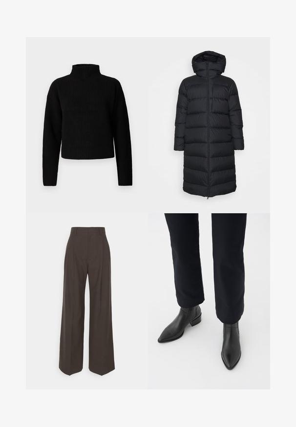 Czarna kurtka puchowa z kapturem, o prostym kroju, poziomym pikowaniem i zapięciem na zamek błyskawiczny z przodu. Gładki, lekki materiał.; Czarny sweter z długim rękawem i wysokim kołnierzem, o kroju skróconym. Tekstura wydaje się gruba i dziana, bez widocznych wzorów czy ozdób.; Ciemnobrązowe spodnie z szerokimi nogawkami i wysokim stanem, wyróżniające się starannie wyprasowanymi zagnieceniami, gładką fakturą i dopasowanym krojem.; Czarne skórzane botki za kostkę z ostrym noskiem, block heel oraz teksturowanymi bocznymi panelami, noszone z ciemnymi spodniami na białym tle.