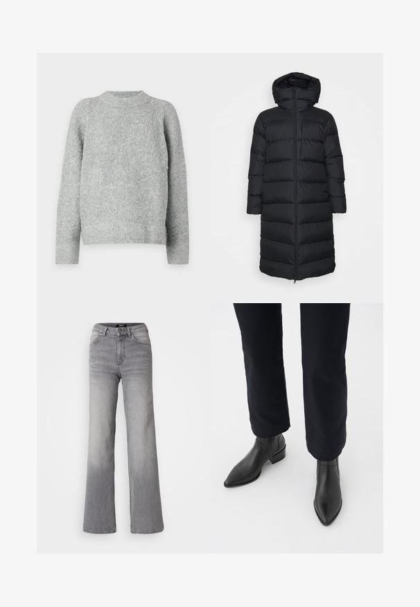 Czarna kurtka puchowa z kapturem, o prostym kroju, poziomym pikowaniem i zapięciem na zamek błyskawiczny z przodu. Gładki, lekki materiał.; Szary sweter o luźnym kroju, wykonany z teksturowanej dzianiny, z okrągłym dekoltem i długimi rękawami, bez widocznych wzorów.; Szare dżinsy o prostym kroju i wysokim stanie, z przodu zapinane na guzik i zamek, z kieszeniami z przodu i z tyłu oraz z wyblakłym odcieniem na udach i łydkach.; Czarne skórzane botki za kostkę z ostrym noskiem, block heel oraz teksturowanymi bocznymi panelami, noszone z ciemnymi spodniami na białym tle.