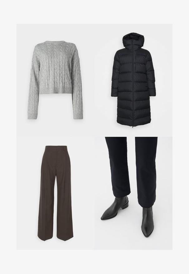 Juodas pūkinis paltas su kapišonu, tiesios kirpimo, horizontaliai siuvinėtu raštu ir priekiniais užtrauktukais. Lygi, lengva medžiaga.; Pilko apkirpto megztinio su pintu raštu, apvaliu iškirpimu ir banguotais rankogaliais bei apačia. Pagamintas iš minkštos, tekstūruotos megztos medžiagos.; Tamsiai rudos platėjančios kelnės su aukštu liemeniu, pasižyminčios tvarkingai prispaustomis raukšlėmis, lygia tekstūra ir pritaikytu siluetu.; Juodos odinės kulkšninių botai su smailiu priekiu, blokiniu kulnu ir tekstūruotais šonais, dėvimi su tamsiomis kelnėmis prieš baltą foną.