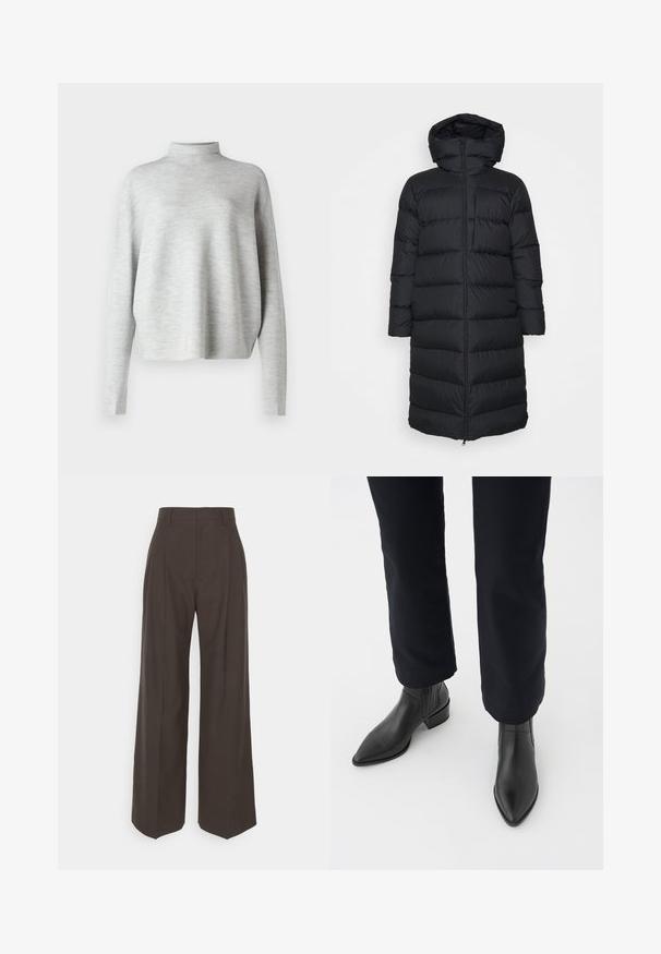 Crni puf jakna s kapuljačom, ravnog kroja, horizontalnog tkanog uzorka i prednjim zatvaračem na zip. Glatka, lagana tkanina.; Svijetlosiva ролка, izrađena od mekanog materijala, sa dugim rukavima i opuštenim krojem, sa glatkom, finom teksturom.; Tamno smeđi hlače širokih nogavica s visokim strukom, s uredno peglanim naborima, glatkom teksturom i krojem koji dobro pristaje.; Crne kožne gležnjače s šiljastim vrhom, blok petom i teksturiranim bočnim panelima, nošene s tamnim hlačama na bijeloj pozadini.