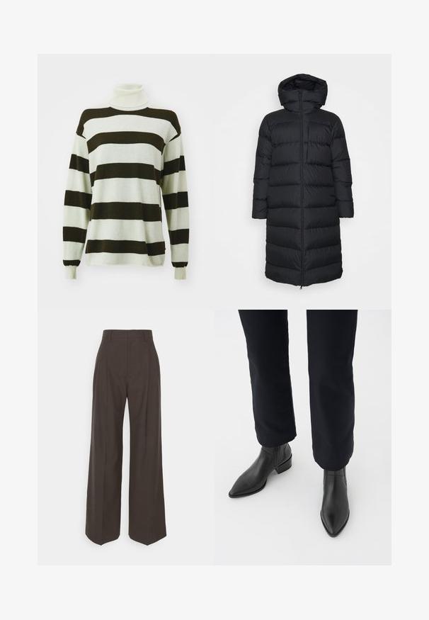 Abrigo de plumas negro con capucha, con un corte recto, patrón de acolchado horizontal y cierre de cremallera frontal. Tela suave y ligera.; Jersey a rayas con amplias franjas en marrón oscuro y gris claro, diseño de cuello alto, mangas largas y textura suave.; Pantalones de pierna ancha de color marrón oscuro con cintura alta, que presentan pliegues bien marcados, una textura suave y un ajuste a medida.; Botas negras de cuero hasta el tobillo con punta afilada, tacón cuadrado y paneles laterales texturizados, combinadas con pantalones oscuros contra un fondo blanco.