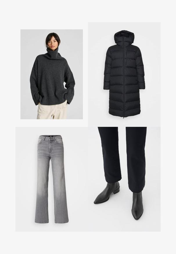 Melna pūkainā jaka ar kapuci, ar taisnu griezumu, horizontālu quiltēšanas rakstu un priekšējo rāvējslēdzēja aizdari. Gluda, viegla auduma.; Liela izmēra tumši pelēks džemperis ar augstu apkakli, ar ribotām maliņām un aprocēm, izgatavots no mīksta adījuma materiāla, ar nolaistām plecu līnijām un brīvu piegriezumu.; Augsti vidukļa taisnas kājas pelēkas džinsa bikses ar priekšējo pogu un rāvējslēdzēju, priekšējām un aizmugurējām kabatām, kā arī izbalinātiem toņiem uz augšstilbiem un teļiem.; Melni ādas potīšu zābaki ar norādītu purngalu, blokveida papēdi un teksturētām sānu daļām, valkāti ar tumšām biksēm uz balta fona.