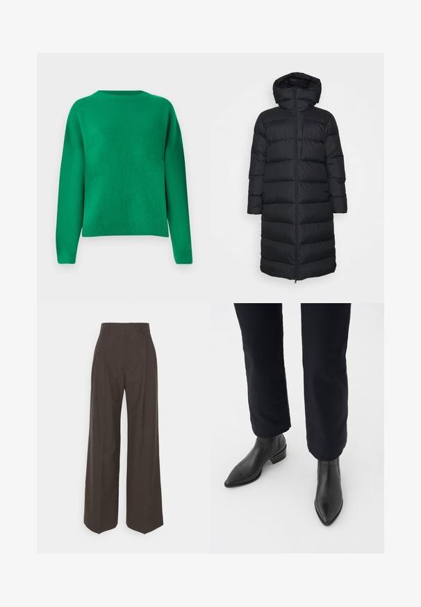 Doudoune noire avec capuche, à coupe droite, présentant un motif matelassé horizontal et une fermeture éclair à l'avant. Tissu lisse et léger.; Pull en maille verte avec une coupe décontractée, un col rond, des épaules basses et une bordure côtelée. Texture lisse avec une finition uniforme.; Pantalons larges marron foncé à taille haute, avec des plis soigneusement marqués, une texture lisse et une coupe ajustée.; Bottines en cuir noir à bout pointu, avec un talon épais et des panneaux latéraux texturés, portées avec un pantalon sombre sur fond blanc.