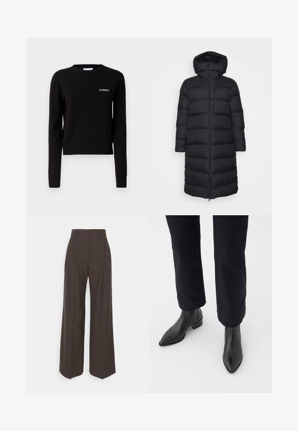 Doudoune noire avec capuche, à coupe droite, présentant un motif matelassé horizontal et une fermeture éclair à l'avant. Tissu lisse et léger.; Pull en tricot noir à manches longues, col rond et bords côtes aux poignets et à l'ourlet. Présente le logo "2ND DAY" brodé sur la poitrine.; Pantalons larges marron foncé à taille haute, avec des plis soigneusement marqués, une texture lisse et une coupe ajustée.; Bottines en cuir noir à bout pointu, avec un talon épais et des panneaux latéraux texturés, portées avec un pantalon sombre sur fond blanc.