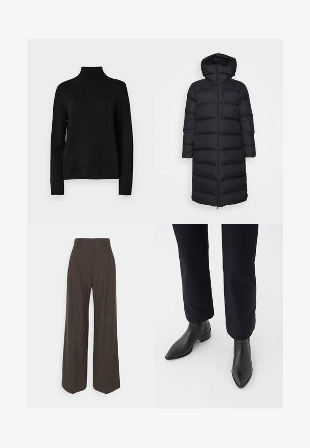Fekete puffernadrág, kapucnival, egyenes szabással, vízszintes steppeléssel és elülső cipzárral. Simább, könnyű anyag.; Fekete garbó pulóver hosszú ujjakkal, bordázott textúrával és oldalsó gombos részlettel a vállon. Egyszerű dizájn, nincs látható minta.; Sötétbarna, bő szárú nadrág magas derékkal, tisztán vasalt redőkkel, sima textúrával és testhez simuló fazonnal.; Fekete bőr bokacsizma hegyes orral, tömbsarkúval és texturált oldalsó panelekkel, sötét nadrággal viselve, fehér háttér előtt.