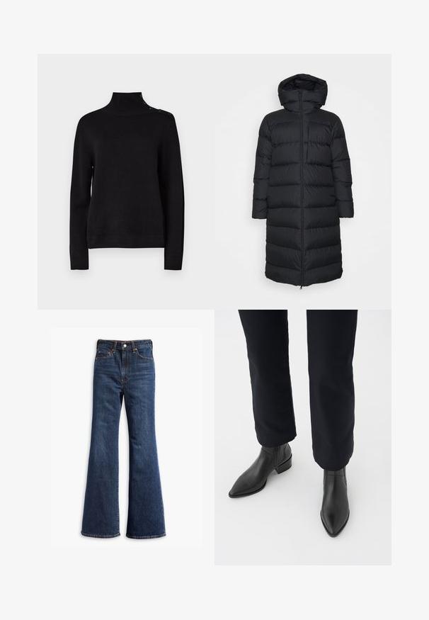 Črna puhovka s kapuco, s pravim krojem, vodoravnim prešitim vzorcem in sprednjim zadrgo. Gladek, lahek material.; Črna pulover turtleneck z dolgimi rokavi, rebrasto teksturo in podrobnim gumbom na rami. Enostavna zasnova, brez vidnih vzorcev.; Visoko pasovi temno modri kavbojki z razširjenimi nogami, sprednja zadrga in gumbe, ter zasnova s petimi žepi.; Črne usnjene gležnjarje s koničastim nosom, blokastim petami in strukturiranimi stranskimi paneli, oblečene z temnimi hlačami proti beli podlagi.