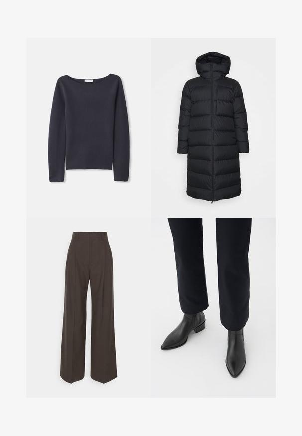Doudoune noire avec capuche, à coupe droite, présentant un motif matelassé horizontal et une fermeture éclair à l'avant. Tissu lisse et léger.; Pull en maille bleu marine à manches longues avec un col large, une texture douce et une coupe décontractée. Présente des coutures minimales et aucun fermoir visible.; Pantalons larges marron foncé à taille haute, avec des plis soigneusement marqués, une texture lisse et une coupe ajustée.; Bottines en cuir noir à bout pointu, avec un talon épais et des panneaux latéraux texturés, portées avec un pantalon sombre sur fond blanc.