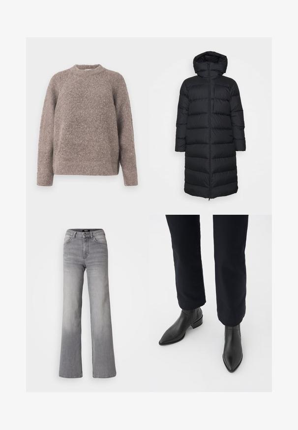 Geacă puf neagră cu glugă, cu un croi drept, model matlasat orizontal și închidere cu fermoar frontal. Material neted, ușor.; Pulover texturat de culoare maro deschis, cu decolteu rotund și mâneci lungi, realizat dintr-un material moale și pufoasă, având o croială lejeră.; Jeans din denim gri, cu talie înaltă și croială dreaptă, cu fermoar și nasture frontal, buzunare frontale și spate, și nuanțe estompate pe coapse și gambe.; Bocanci din piele neagră, până la gleznă, cu vârf ascuțit, toc pătrat și panouri laterale texturate, purtați cu pantaloni închiși la culoare, pe un fundal alb.