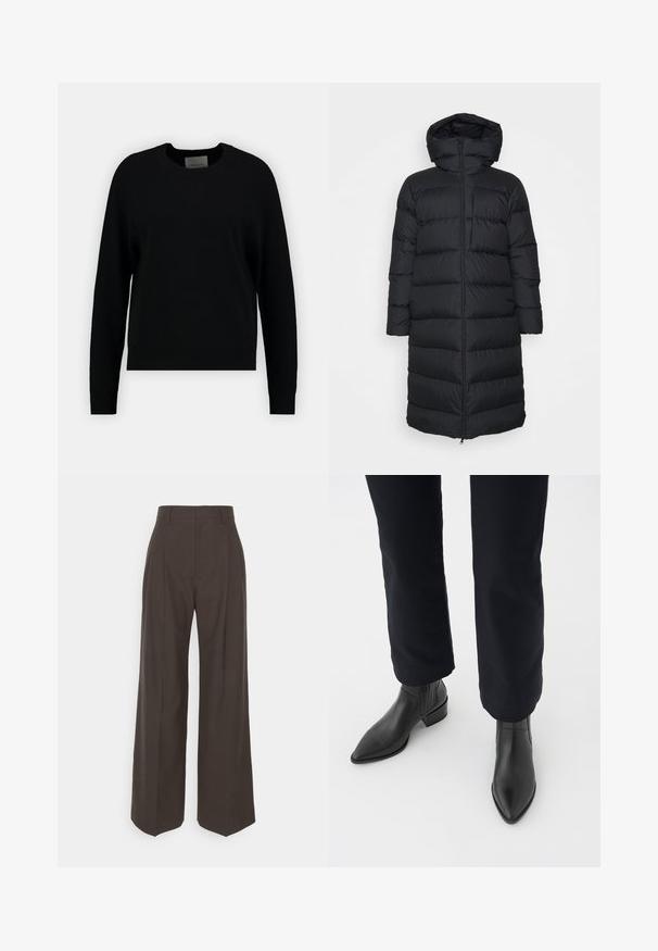 Czarna kurtka puchowa z kapturem, o prostym kroju, poziomym pikowaniem i zapięciem na zamek błyskawiczny z przodu. Gładki, lekki materiał.; Czarny sweter dzianinowy z okrągłym dekoltem, długimi rękawami raglanowymi i prążkowanym wykończeniem. Gładka tekstura, minimalistyczny design, brak widocznych wzorów lub akcentów.; Ciemnobrązowe spodnie z szerokimi nogawkami i wysokim stanem, wyróżniające się starannie wyprasowanymi zagnieceniami, gładką fakturą i dopasowanym krojem.; Czarne skórzane botki za kostkę z ostrym noskiem, block heel oraz teksturowanymi bocznymi panelami, noszone z ciemnymi spodniami na białym tle.
