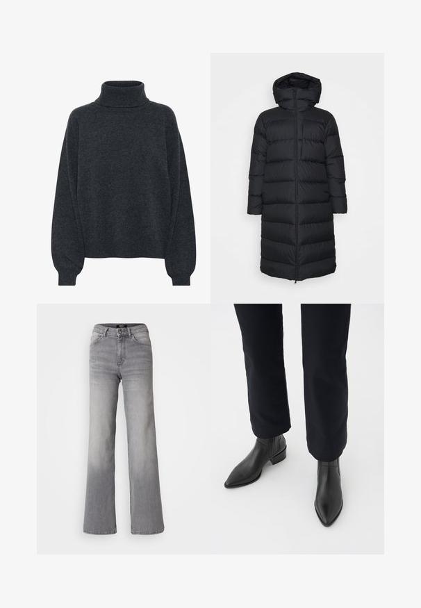 Zwarte gewatteerde jas met capuchon, met een rechte snit, horizontaal gestikt patroon en een ritsluiting aan de voorkant. Glad, lichtgewicht materiaal.; Gestuz MANZI ROLLNECK - Trui - deep graphite; Grijs denim jeans met hoge taille en rechte pijpen, voorzien van een knoop en ritssluiting aan de voorkant, voor- en achterzakken, en een vervaagde schaduw op de dijen en kuiten.; Zwarte leren enkellaarsjes met een spitse neus, blokhak en textuurpanelen aan de zijkanten, gedragen met donkere broeken tegen een witte achtergrond.