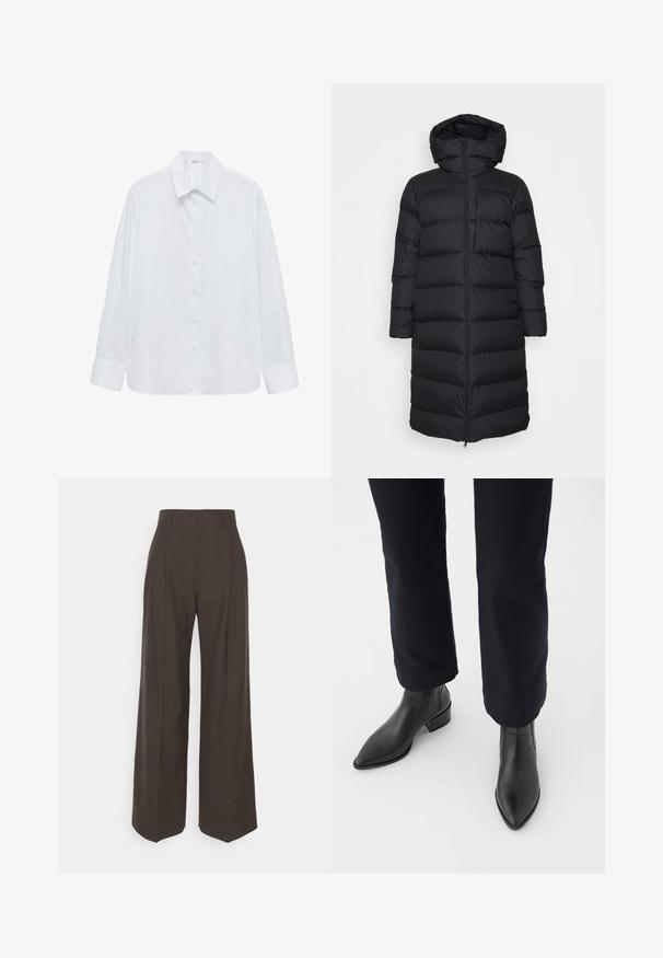 Čierna puffa bunda s kapucňou, so strihaním do rovna, horizontálnym prešívaním a predným zipsom. Hladká, ľahká tkanina.; Biela košeľa s dlhými rukávmi a gombíkmi, s klasickým golierom, hladkou textúrou a jemným leskom. Gombíky pozdĺž prednej strany, rukávy so zložením.; Tmavohnedé široké nohavice s vysokým pásom, ktoré majú úhľadne prežehlené záhyby, hladkú textúru a strih na mieru.; Čierne kožené členkové čižmy s špicatou špičkou, blokovým podpätkom a textúrovanými bočnými panelmi, nosené s tmavými nohavicami na bielom pozadí.