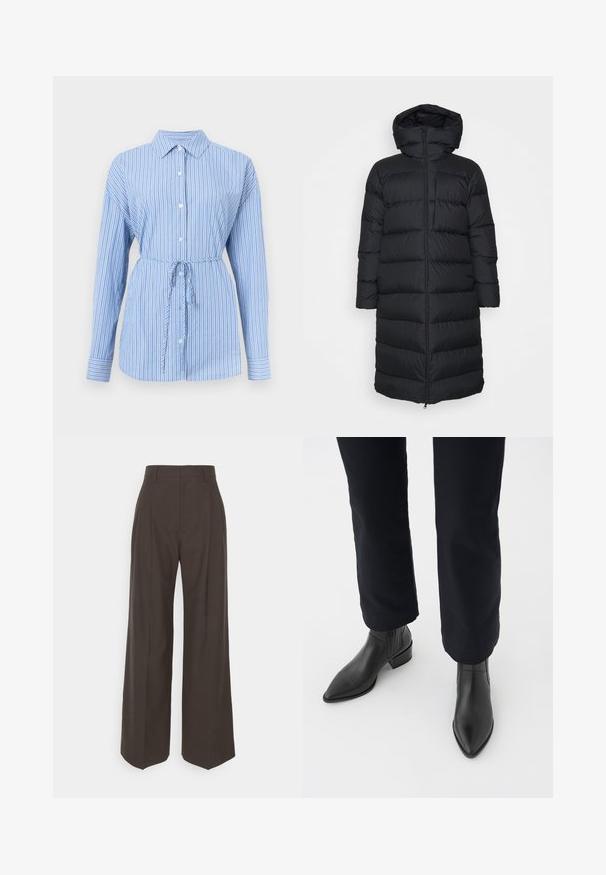 Zwarte gewatteerde jas met capuchon, met een rechte snit, horizontaal gestikt patroon en een ritsluiting aan de voorkant. Glad, lichtgewicht materiaal.; Blouse met knoopsluiting in lichtblauw met witte verticale strepen. Bevat een kraag, lange mouwen en een koord in de taille voor een figuurvormend effect.; Donkerbruine wijde broek met een hoge taille, voorzien van strak geplooide plooien, een zachte textuur en een op maat gemaakte pasvorm.; Zwarte leren enkellaarsjes met een spitse neus, blokhak en textuurpanelen aan de zijkanten, gedragen met donkere broeken tegen een witte achtergrond.