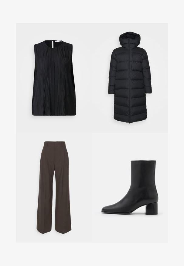 Abrigo de plumas negro con capucha, con un corte recto, patrón de acolchado horizontal y cierre de cremallera frontal. Tela suave y ligera.; Samsøe Samsøe UMA - Blusa - black; Pantalones de pierna ancha de color marrón oscuro con cintura alta, que presentan pliegues bien marcados, una textura suave y un ajuste a medida.; Botín negro de cuero hasta el tobillo con punta afilada y un tacón cuadrado y grueso. Textura suave con un diseño sin costuras y un estilo minimalista en las costuras.