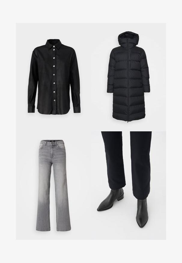 Czarna kurtka puchowa z kapturem, o prostym kroju, poziomym pikowaniem i zapięciem na zamek błyskawiczny z przodu. Gładki, lekki materiał.; Czarna skórzana koszula z klasycznym kołnierzykiem, przednim zapięciem na srebrne guziki oraz długimi rękawami. Gładka tekstura i dopasowany krój.; Szare dżinsy o prostym kroju i wysokim stanie, z przodu zapinane na guzik i zamek, z kieszeniami z przodu i z tyłu oraz z wyblakłym odcieniem na udach i łydkach.; Czarne skórzane botki za kostkę z ostrym noskiem, block heel oraz teksturowanymi bocznymi panelami, noszone z ciemnymi spodniami na białym tle.