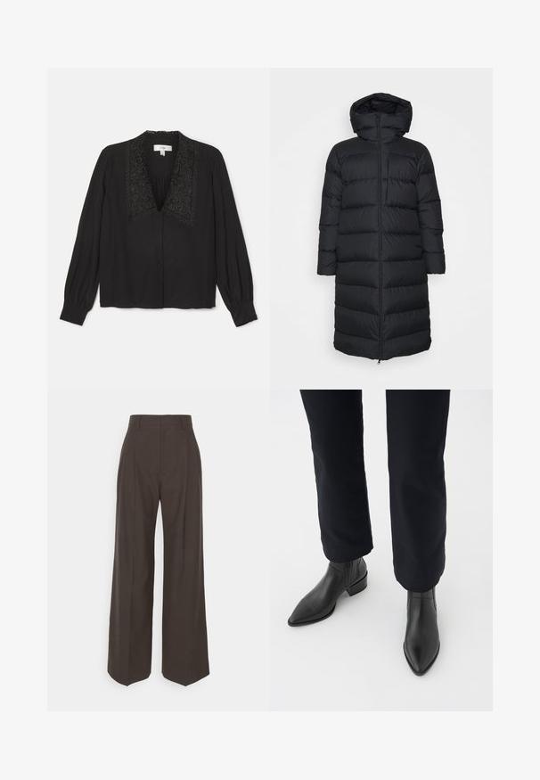 Sort pufferjakke med hætte, der har en lige skæring, vandret quiltet mønster og en frontlynlås. Glat, letvægtsstof.; Sort bluse med lange ærmer, der har en dekorativ broderet krave, knaplukning foran og rynkedetaljer ved brystet. Glat struktur.; Mørkebrune brede bukser med høj talje, der har pænt pressede folder, glat overflade og en skræddersyet pasform.; Sorte læder ankelstøvler med spids tå, blokhæl og teksturerede sidepaneler, båret med mørke bukser mod en hvid baggrund.