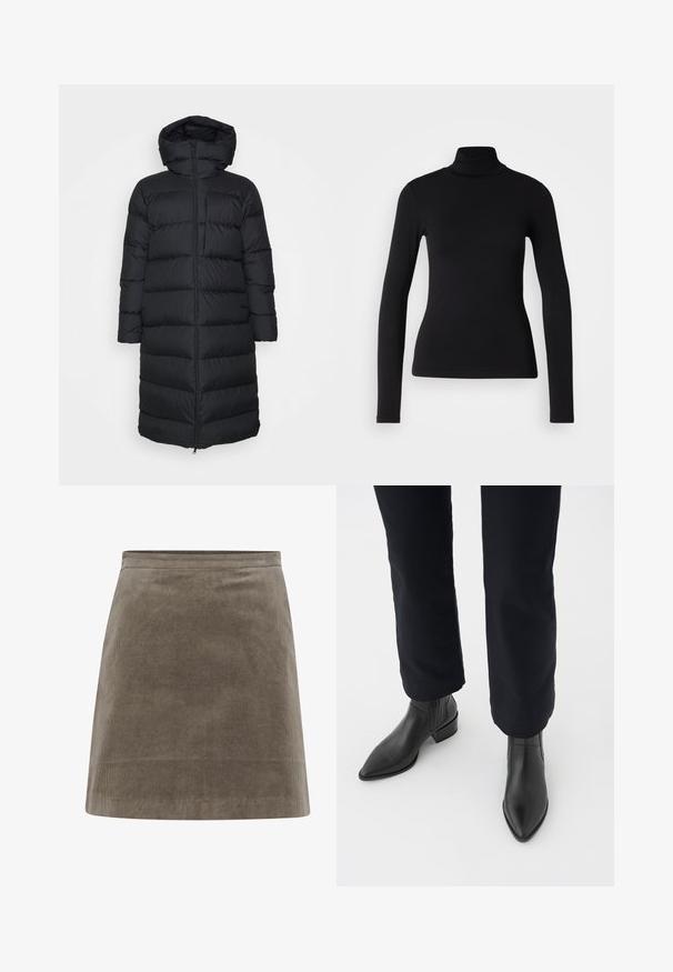 Doudoune noire avec capuche, à coupe droite, présentant un motif matelassé horizontal et une fermeture éclair à l'avant. Tissu lisse et léger.; Pull col roulé noir en tissu extensible. Il possède des manches longues, une coupe ajustée et une texture lisse sans motifs ni ornements.; Jupe mini en velours côtelé kaki avec une forme droite, une texture lisse et une taille simple, présentant des lignes côtelées verticales sur toute sa surface.; Bottines en cuir noir à bout pointu, avec un talon épais et des panneaux latéraux texturés, portées avec un pantalon sombre sur fond blanc.