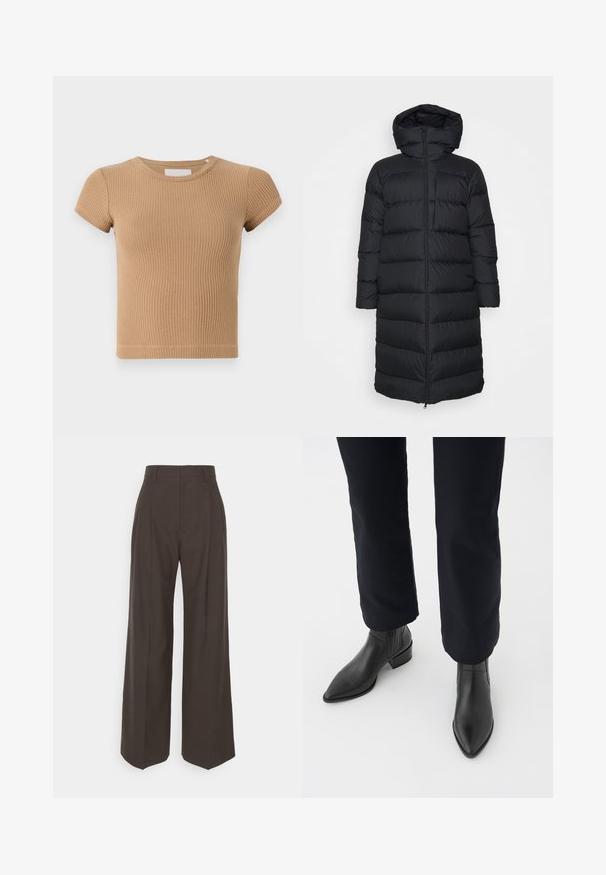 Čierna puffa bunda s kapucňou, so strihaním do rovna, horizontálnym prešívaním a predným zipsom. Hladká, ľahká tkanina.; Svetlohnedé rebrované tričko s krátkym rukávom a okrúhlym výstrihom, s priliehavým strihom. Mäkkučký materiál s minimálnymi švovými detailami.; Tmavohnedé široké nohavice s vysokým pásom, ktoré majú úhľadne prežehlené záhyby, hladkú textúru a strih na mieru.; Čierne kožené členkové čižmy s špicatou špičkou, blokovým podpätkom a textúrovanými bočnými panelmi, nosené s tmavými nohavicami na bielom pozadí.