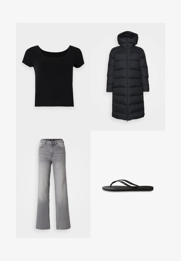 Must punktitud must puffer jakk kapuutsiga, sirge lõike, horisontaalse tikandi mustriga ja esi Lukuga. Sile, kerge kangas.; Must musta lühikeste varrukatega T-särk avara ümarakaelusega, valmistatud pehmest ja venivast kangast, mis on saadaval kitsas lõikes ning ilma lisamustriteta.; Kõrge vöökoht, sirged hallid teksad, millel on ees nupp ja lukku, ees ja taga taskud ning hägune varjund reitel ja sääremarjadel.; Mustad mustes suss, millel on tekstureeritud kummist põhi, kaks peenikest rihma ja tagasihoidlik, reljeefne logo detail rihmal.