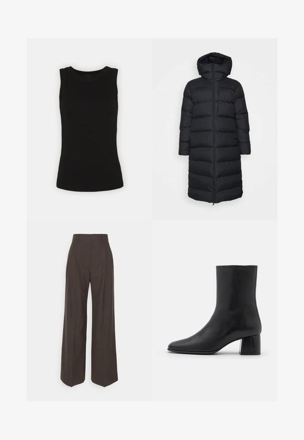 Must punktitud must puffer jakk kapuutsiga, sirge lõike, horisontaalse tikandi mustriga ja esi Lukuga. Sile, kerge kangas.; Must t-särk ilma varrukateta, valmistatud ribakudumisest puuvillast, ümar kaelus ja keha lähedane lõige.; Tumepruunid lai jalad püksid kõrge vöökohaga, millel on korralikult pressitud kortsud, sile tekstuur ja täpselt sobiv lõige.; Must musta ankle boot terava nina ja turske ruudukujulise kontsaga. Sile tekstuur, sujuv disain ja minimaalne õmblus.