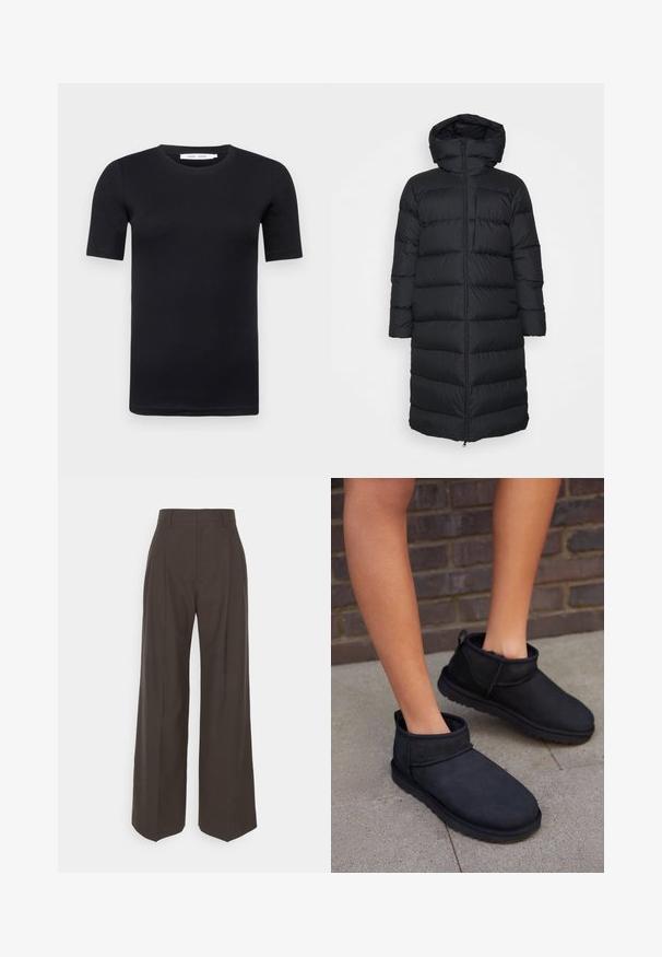 Casaco puffer preto com capuz, apresentando um corte reto, padrão acolchoado horizontal e fecho frontal com zíper. Tecido liso e leve.; T-shirt preta de manga curta feita de algodão macio. Apresenta um decote redondo e um design simples e sem costuras.; Calças largas castanhas escuras com cintura alta, apresentando pregas bem vincadas, textura suave e um corte ajustado.; Botas de tornozelo pretas em camurça com um forro interior suave. Apresenta um bico arredondado e uma sola plana e texturizada.