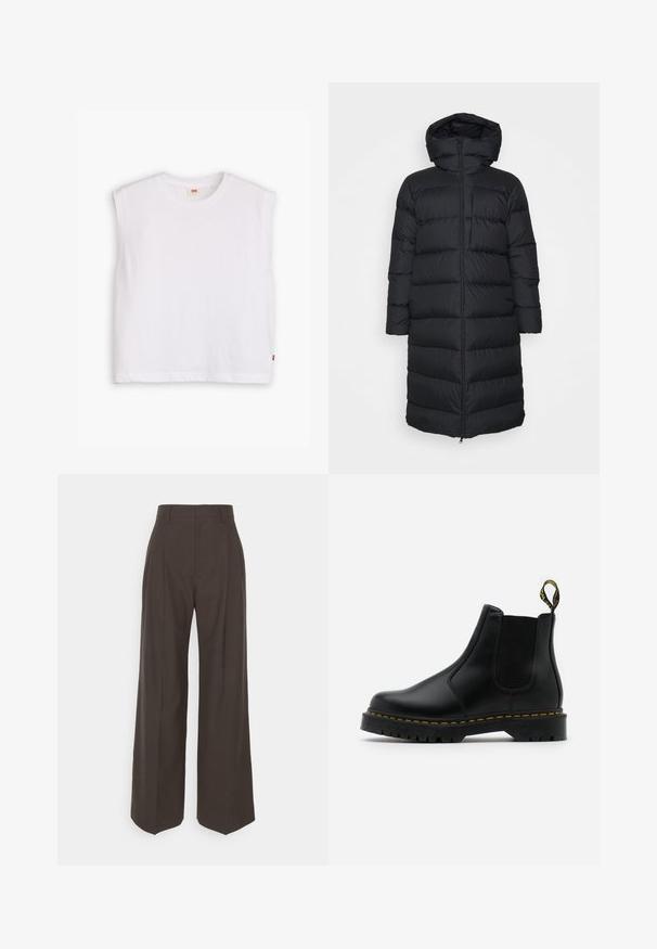 Czarna kurtka puchowa z kapturem, o prostym kroju, poziomym pikowaniem i zapięciem na zamek błyskawiczny z przodu. Gładki, lekki materiał.; Biała bawełniana koszulka bez rękawów z okrągłym dekoltem, prostym krojem i małą czerwoną metką logo na dolnym brzegu. Miękka w dotyku.; Ciemnobrązowe spodnie z szerokimi nogawkami i wysokim stanem, wyróżniające się starannie wyprasowanymi zagnieceniami, gładką fakturą i dopasowanym krojem.; Czarne skórzane botki Chelsea z elastycznymi panelami bocznymi, żółtymi przeszyciami i fakturowanymi gumowymi podeszwami. Posiadają pętelkę na pięcie.