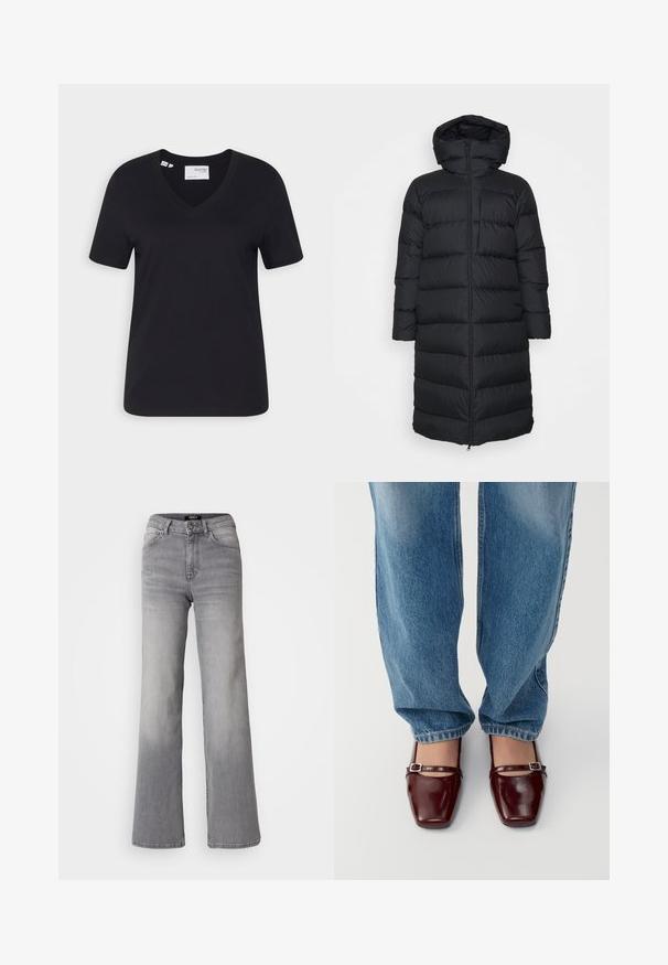 Must punktitud must puffer jakk kapuutsiga, sirge lõike, horisontaalse tikandi mustriga ja esi Lukuga. Sile, kerge kangas.; Must have v-kaelusega must puuvillane T-särk lühikeste varrukatega ja mugava lõikega. Sile tekstuur ja puhas serv ilma kaunistusteta.; Kõrge vöökoht, sirged hallid teksad, millel on ees nupp ja lukku, ees ja taga taskud ning hägune varjund reitel ja sääremarjadel.; Burgundi patendi nahast kingad ruudu toe ja pahkluu rihmaga, koos helesiniste laia lõikega teksadega. Kingadel on läikiv viimistlus.