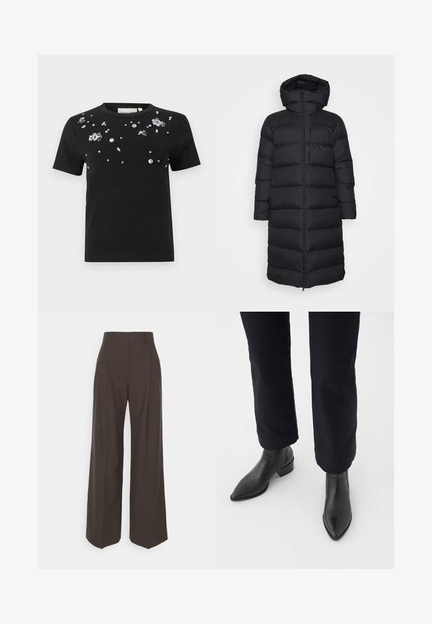 Czarna kurtka puchowa z kapturem, o prostym kroju, poziomym pikowaniem i zapięciem na zamek błyskawiczny z przodu. Gładki, lekki materiał.; Czarna koszulka z krótkim rękawem z rozmieszczonymi przezroczystymi kryształkami i ozdobami z przodu. Wykonana z miękkiego, elastycznego materiału.; Ciemnobrązowe spodnie z szerokimi nogawkami i wysokim stanem, wyróżniające się starannie wyprasowanymi zagnieceniami, gładką fakturą i dopasowanym krojem.; Czarne skórzane botki za kostkę z ostrym noskiem, block heel oraz teksturowanymi bocznymi panelami, noszone z ciemnymi spodniami na białym tle.