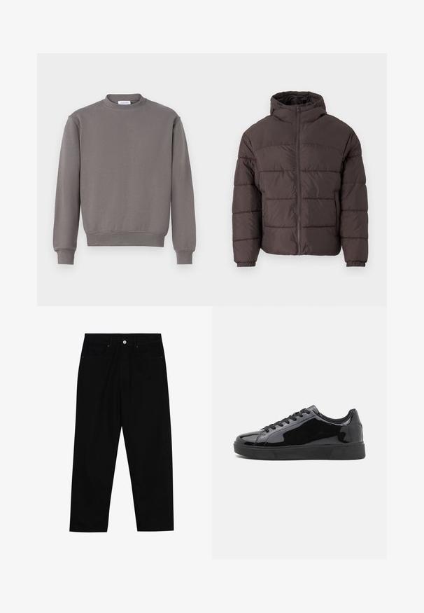 Brūna pūkaina jaka ar kapuci, ar rāvējslēdzēja fronti, elastīgiem aproces un horizontālo quiltēšanu siltumizolācijai. Tekstūrēta auduma apdare.; Pelēks džemperis ar apaļu kaklu, ribotām piedurknēm un apakšmali. Izgatavots no mīksta auduma, ar vienkāršu, gludu tekstūru un bez rakstiem.; Melni džinsi ar taisnu kāju griezumu, piecu kabatu dizainu un priekšēju pogu aizdari. Gluda tekstūra ar minimālu šuvju detaļu skaitu.; Melnas patentētas ādas kedas ar apaļu purngalu, platu gumijas zoli un melnām auklām. Gluda, spīdīga tekstūra augšējā virsmā.