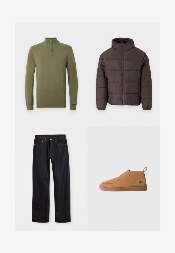 Braune Steppjacke mit Kapuze, ausgestattet mit einem Reißverschluss vorne, elastischen Bündchen und horizontaler Steppung zur Isolierung. Strukturierte Stoffoberfläche.; Olivgrüner Langarmpullover mit einem Viertel-Reißverschluss-Kragen und kleinem Krokodil-Logo auf der linken Brust.; Herren gerade geschnittene schwarze Jeans aus Denim mit fünf Taschen und orangefarbenen Nähten, Knopf- und Reißverschluss vorne am Bund.; Braune Wildleder-Schnürstiefelette mit Gummisohle und Zuglasche, die ein charakteristisches Krokodil-Logo an der Seite aufweist.