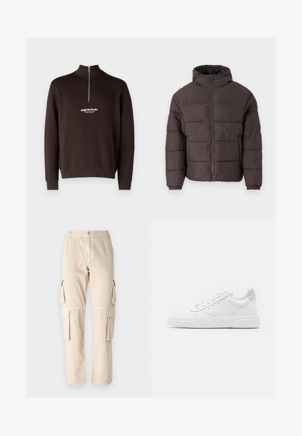 Smeđi puffer kaput s kapuljačom, s patentnim zatvaračem sprijeda, elastičnim manžetama i horizontalnim šavovima za izolaciju. Struktura tkanine je teksturirana.; Smeđi dukserica s visokim ovratnikom i zatvaranjem na pola zatvarača. Sadrži bijeli logotip "originals Studio" na prsima; rebrasti manžeti i rub.; Bež cargo hlače od pamuka. Imaju bočne džepove, ravni kroj nogavica i kopčanje na dugme u struku. Jednostavni detalji šivanja.; Bijele kožne tenisice s glatkom površinom, okruglim vrhom, ravnim vezicama i strukturiranom potplatom. Sivi antilop naglasak na peti.