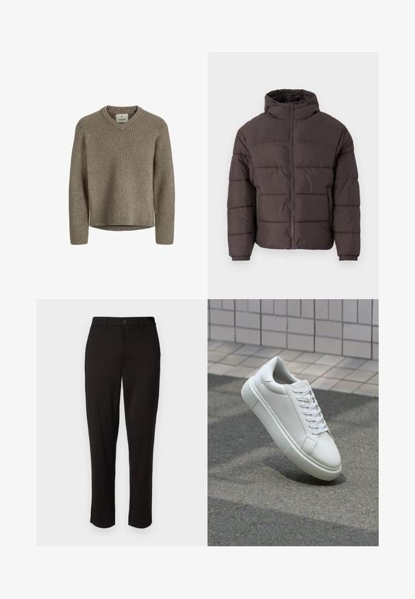 PRUUNI PUFFERMANTEL KAPUUTSIGA, MIS OMAB KETTASULGUST, ELASTSEID KÄISED JA HORISONTAAALSEID QUILTIGI ÜKSIKSUJA MATERJALI KATTEGA.; Beež, ribidega kootud sviiter V-kaelusega ja pikkade varrukatega. Pehme tekstuur, mugav lõige ja sirge äärejoonega, ilma külgaukudeta.; Mustad mustad kerge kangaga püksid, sirge säärega, ees nupuga sulgemisega, vöökoha silmadega ja küljetaskutega.; Valge nahkline sneka, millel on sile pind, ümar varvas ja lame valge pael. Omab tekstuuriga kummist talla ja minimaalset kujunduselementi.