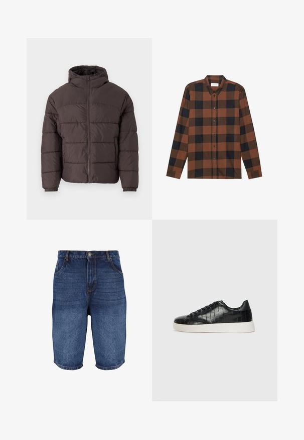 Chaqueta acolchada marrón con capucha, que presenta un cierre delantero con cremallera, puños elásticos y acolchado horizontal para mayor aislamiento. Acabado de tela texturizada.; Camisa de manga larga a cuadros marrones y negros, hecha de tela, con un cuello abotonado y tapeta con botones; presenta mangas con puños.; Shorts de mezclilla en azul oscuro con un acabado desgastado. Cuenta con cinco bolsillos, cierre frontal con botón y detalles de costura a lo largo de las costuras.; Zapatillas negras con parte superior de cuero con textura de cocodrilo en relieve, puntera redondeada y una suela de goma blanca contrastante con un acabado suave.