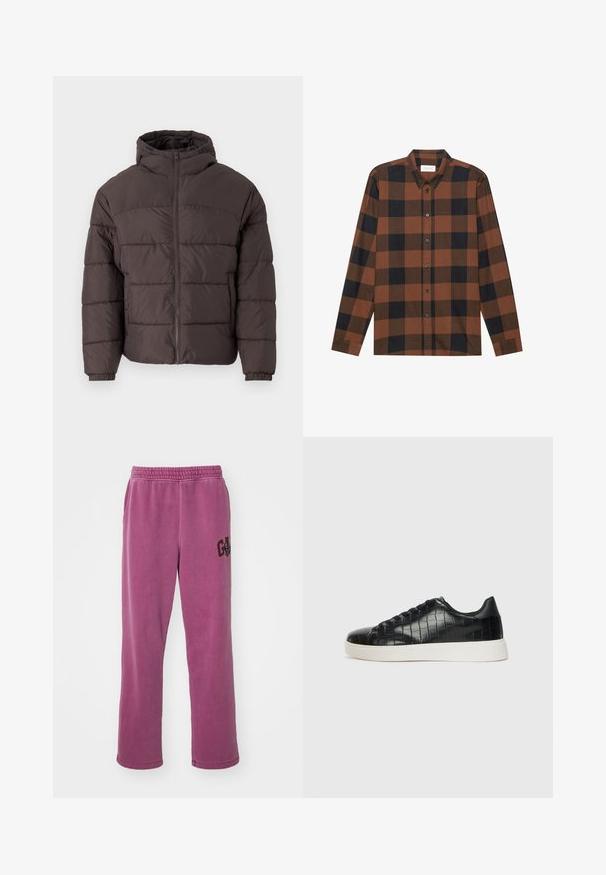 Brown puffer jacket with a hood, featuring a zip front, elastic cuffs, and horizontal quilting for insulation. Textured fabric finish.; Brown and black checkered long-sleeve shirt made of fabric with a button-down collar and buttoned placket; features cuffed sleeves.; Purple sweatpants with a relaxed fit, featuring an elastic waistband and side pockets. A dark logo accent is present on the left leg.; Black sneakers featuring a textured croc-embossed leather upper, rounded toe, and a contrasting white rubber sole with a smooth finish.