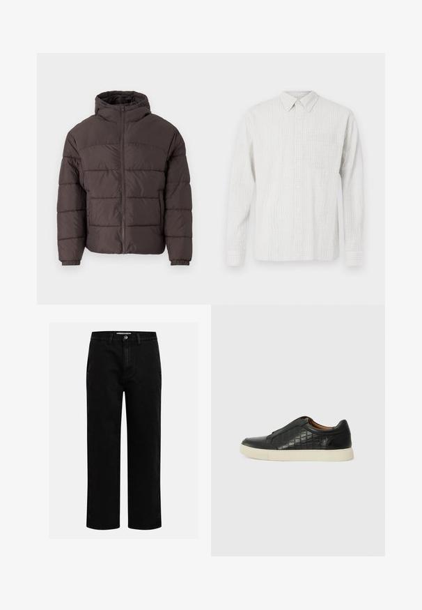 Brūna pūkaina jaka ar kapuci, ar rāvējslēdzēja fronti, elastīgiem aproces un horizontālo quiltēšanu siltumizolācijai. Tekstūrēta auduma apdare.; Gaiši pelēka garām piedurknēm pogājama krekla ar rakstainu analīzi, priekšējo kabatu un klasisku apkakli. Izgatavots no auduma.; Melni denim šorti ar taisnu kāju griezumu, klasiska piecu kabatu dizaina un pogas aizdari viduklī. Gluda tekstūra un izturīgs audums.; Melnas ādas sporta kurpes ar strukturētu krokodilu rakstu sānos, bezsiksnu dizains un balta gumijas zole. Gluda virsma ar brūnu iekšējo oderi.