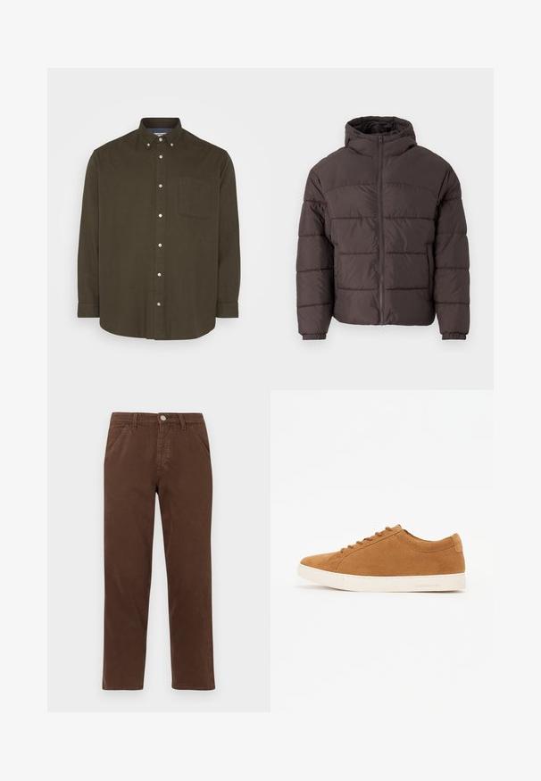 Hnědá péřová bunda s kapucí, s předním zipem, elastickými manžetami a horizontálním prošíváním pro izolaci. Texturovaný povrch látky.; Jack & Jones JPRBLUNORRIS SHIRT - Košile - peat; Hnědé bavlněné kalhoty s rovnými nohavicemi, předními kapsami a kovovým zapínáním. Vynikají hladkým texturem a minimalistickým designem.; Hnědé semišové tenisky s nízkým designem, bílé gumové podrážky a kulatou špičkou. Mají odpovídající tkaničky a minimální branding na patě.
