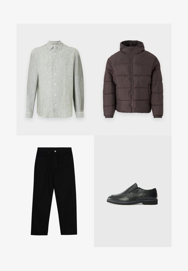 Ruskea puhvitakki hupulla, jossa on vetoketjusuljenta, elastiset hihansuut ja vaakasuora tikkaus eristyksen parhaaksi. Teksturoitu kankaan pinta.; Vaaleanvihreä raidallinen pitkähihainen paita, joka on valmistettu pellavasta. Siinä on kauluspääntie, etupuolella nappisulku ja hienovaraiset pystysuorat raidat rakenteen antamiseksi.; Mustat farkut suoraan lahkeella, viisi taskua ja etunappikiinnitys. Sileä rakenne, jossa on vain vähäisiä ompelualueita.; Musta nahkainen liukujalkine, jossa on sileä pinta, ommeltuja yksityiskohtia, pyöristetty kärki ja matala kumipohja. Pohjassa on minimaalinen pito.