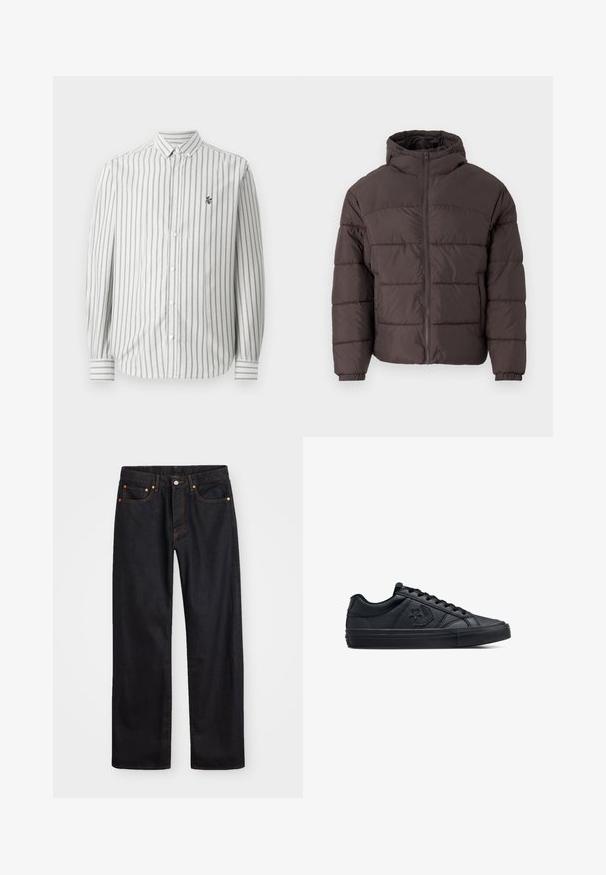 Chaqueta acolchada marrón con capucha, que presenta un cierre delantero con cremallera, puños elásticos y acolchado horizontal para mayor aislamiento. Acabado de tela texturizada.; Camisa abotonada con rayas verticales en gris y blanco. Mangas largas, cuello estándar y un pequeño logo en el lado izquierdo del pecho. Material de algodón.; Jeans de mezclilla negros de pierna recta para hombre, con cinco bolsillos y costuras en color naranja, cierre de botón y cremallera en la parte delantera de la cintura.; Zapatillas negras de corte bajo, hechas de cuero suave con una suela de goma texturizada, con cordones redondos y un logo de estrella en el lado.