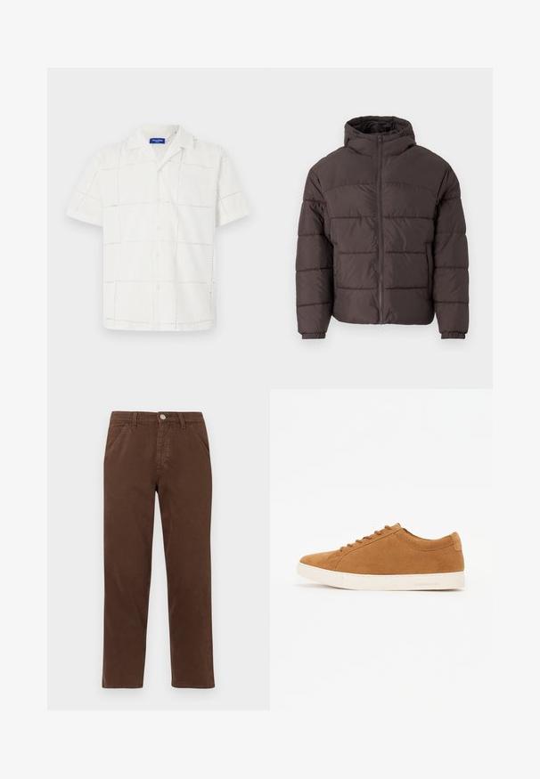 Smeđi puffer kaput s kapuljačom, s patentnim zatvaračem sprijeda, elastičnim manžetama i horizontalnim šavovima za izolaciju. Struktura tkanine je teksturirana.; Kratki rukavi, bijela majica izrađena od tkanine s teksturiranim uzorkom rešetke. Ima ovratnik i gumbe sprijeda, s suptilnim detaljima šivanja.; Smeđe pamučne hlače ravnog kroja, s prednjim džepovima i metalnim zatvaranjem na dugme. Karakteriziraju ih glatka tekstura i minimalistički dizajn.; Smeđe semiš tenisice s niskim dizajnom, bijelim gumenim potplatom i okruglim vrhom. Imaju odgovarajuće vezice i minimalno brendiranje na peti.