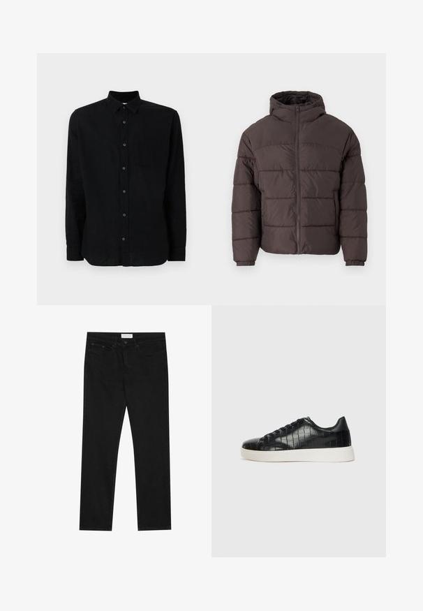 PRUUNI PUFFERMANTEL KAPUUTSIGA, MIS OMAB KETTASULGUST, ELASTSEID KÄISED JA HORISONTAAALSEID QUILTIGI ÜKSIKSUJA MATERJALI KATTEGA.; Must hakkadeta pikkade varrukatega särk, mis on valmistatud tekstureeritud kangast, nööpidega esiosa, üks rinna tasku ja klassikaline krae.; Mustad mustad jalad, viie taskuga disain, nööbiga ja lukuga kinnine, ning Pier One brändi silt vööl.; Mustad mustad mustad kroko-reljeefiga nahast ülemine osa, ümar varvas ja kontrastne valge kummitald, millel on sile viimistlus.