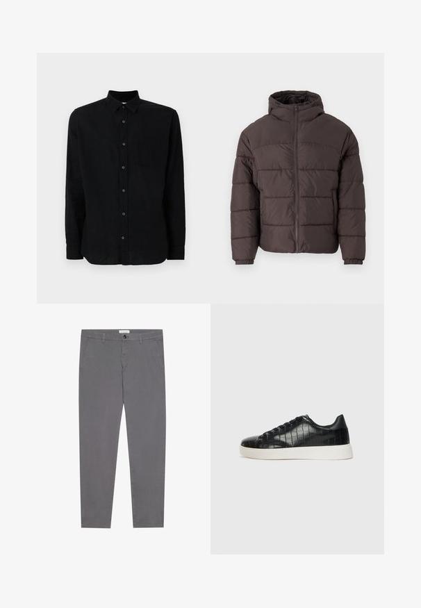 Hnědá péřová bunda s kapucí, s předním zipem, elastickými manžetami a horizontálním prošíváním pro izolaci. Texturovaný povrch látky.; Černá dlouhá košile s dlouhými rukávy z texturované látky, s předním zapínáním na knoflíky, jednou náprsní kapsou a klasickým límečkem.; Šedé bavlněné kalhoty s úzkým střihem, které mají dvě přední kapsy, jednu zadní kapsu a zapínání na knoflík v pase.; Černé tenisky s texturovaným vrškem z kůže s embosovaným hadím vzorem, kulatou špičkou a kontrastní bílou gumovou podrážkou s hladkým povrchem.