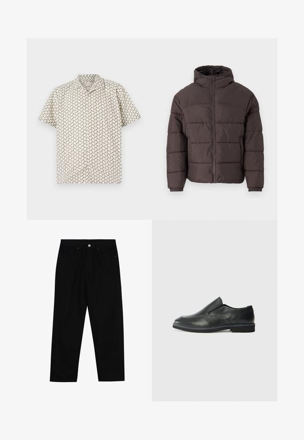 Hnědá péřová bunda s kapucí, s předním zipem, elastickými manžetami a horizontálním prošíváním pro izolaci. Texturovaný povrch látky.; Košile na knoflíky s krátkým rukávem v krémové barvě s geometrickým trojúhelníkovým vzorem ve vybledlých zelených tónech. Má límec a lehký textilní materiál.; Černé džíny s rovně střiženými nohavicemi, designem pěti kapes a předním zapínáním na knoflík. Hladký povrch s minimem švových detailů.; Černá kožená nazouvací bota s hladkým svrškem, prošívanými detaily, zaoblenou špičkou a nízkým gumovým podpatkem. Podešev má minimální vzorek.