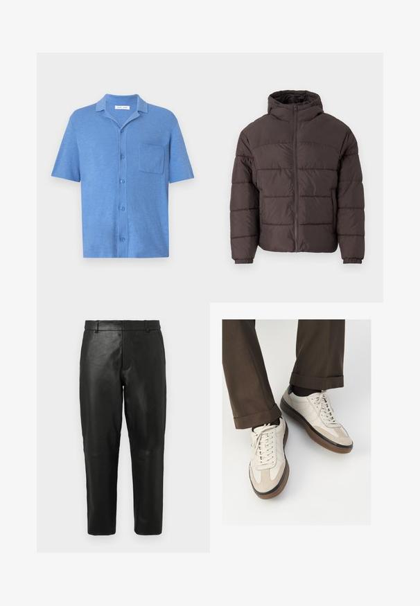 Rudas pūkuotukas su gobtuvu, su užtrauktuku priekyje, elastingomis rankovėmis ir horizontaliomis siūlėmis izoliacijai. Tekstūruotas audinio apdaila.; Šviesiai mėlynas trumpomis rankovėmis marškinėlis, pagamintas iš minkštos medžiagos. Turi apykaklę, mygtukų užsegimą ir vieną krūtinės kišelį.; Juodos odinės tiesios kojos kelnės su diržo kilpomis ir šoninėmis kišenėmis, pristatytos prieš paprastą šviesų foną.; Bežiniai sportbačiai su tekstūruotu zomšinės priekine dalimi, lygiomis odinėmis šoninėmis dalimis ir ruda guminėmis padais. Į komplektą įeina juostelės ir šviesūs siuvimo detalės.