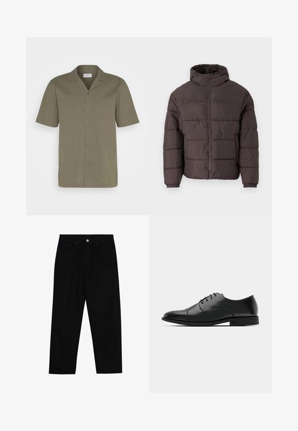 Brūna pūkaina jaka ar kapuci, ar rāvējslēdzēja fronti, elastīgiem aproces un horizontālo quiltēšanu siltumizolācijai. Tekstūrēta auduma apdare.; Olīvzaļš īsām piedurknēm krekls ar teksturētu audumu, pogu aizdari, norādītu apkakli un divām priekšējām kabatām.; Melni džinsi ar taisnu kāju griezumu, piecu kabatu dizainu un priekšēju pogu aizdari. Gluda tekstūra ar minimālu šuvju detaļu skaitu.; Melnas ādas vadmalas kurpes ar noapaļotu purngalu, saistījuma dizains, smalkas izšuvumu detaļas un zema papēža. Gluda tekstūra ar spīdīgu apdari.