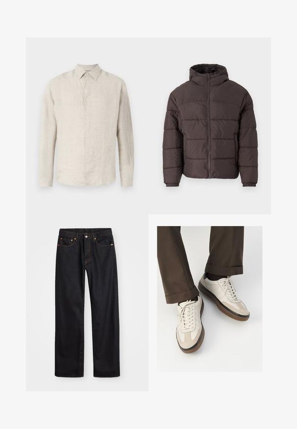 PRUUNI PUFFERMANTEL KAPUUTSIGA, MIS OMAB KETTASULGUST, ELASTSEID KÄISED JA HORISONTAAALSEID QUILTIGI ÜKSIKSUJA MATERJALI KATTEGA.; Kerge beež linane nööpidega särk terava krae, pikkade varrukate ja peene tekstuuriga; ees on kuus sobivat nööpi.; Meeste sirge jala mustad denim teksad viie taskuga, oranž õmblus, nupu ja tõmblukuga ees nagu vöökoht.; Bežid spordijalised, millel on tekstuuriga suede esiosa, siledast nahast küljed ja pruun kummitald. Lisatud on paelad ja heledad õmbluse detailid.