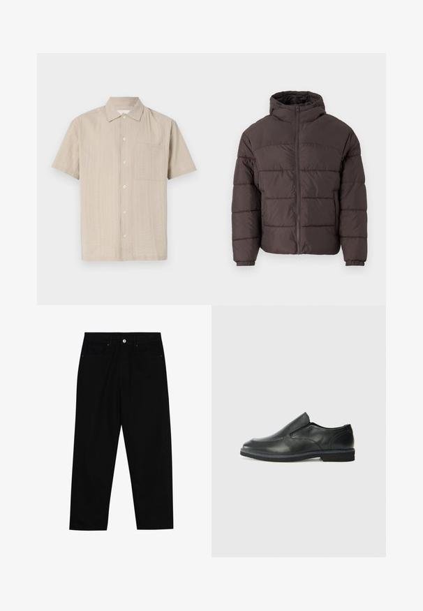 Rudas pūkuotukas su gobtuvu, su užtrauktuku priekyje, elastingomis rankovėmis ir horizontaliomis siūlėmis izoliacijai. Tekstūruotas audinio apdaila.; Šviesiai kreminės spalvos trumpomis rankovėmis marškiniai, pagaminti iš audinio su tekstūriniu raštu, su knopių užsegimu ir užklijuota kišenėle kairėje krūtinės pusėje. Klasiško tipo apykaklė.; Juoda džinsinė kelnė su tiesiu kirpimu, penkių kišenių dizainu ir priekiniais mygtukais. Lygus paviršius su minimaliu siuvimo detalėmis.; Juodai odiniai įtvirtinimo batai su lygiu paviršiumi, siuvinėjimo akcentais, apvalia nosimi ir žemu guminiu kulnu. Pado raštas minimalus.